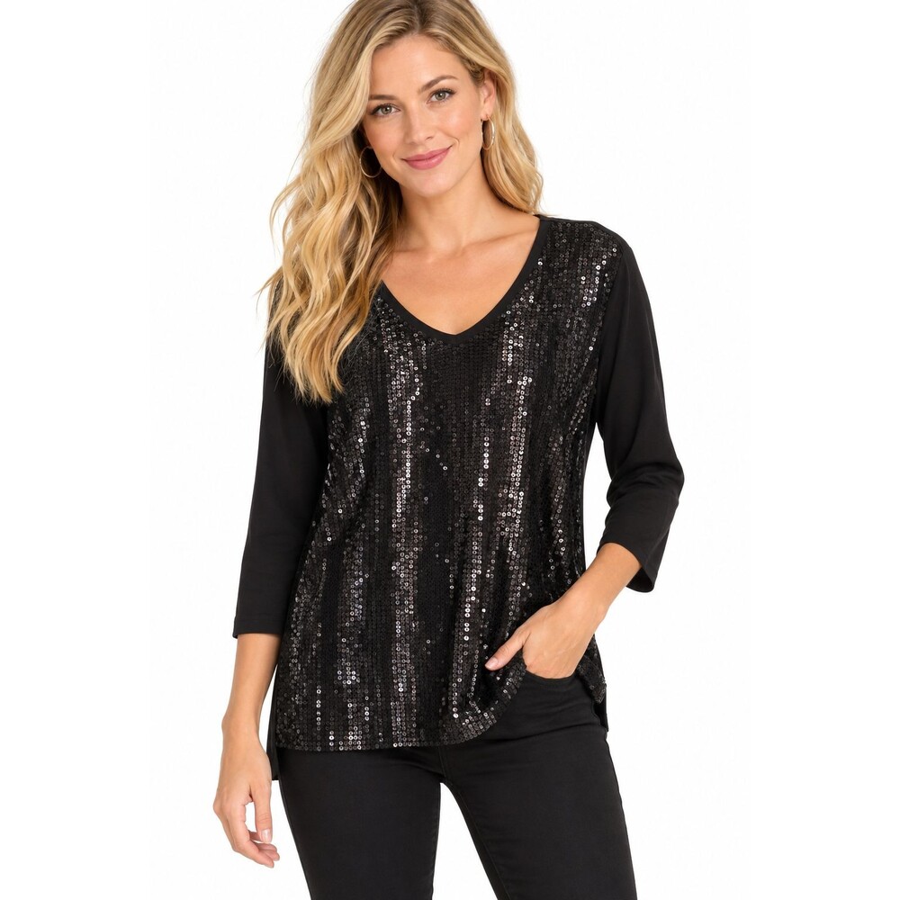 Quacker Factory Black Sequin Top Size 1x 3/4 Sleeve V-Neck Holidays Party Classy